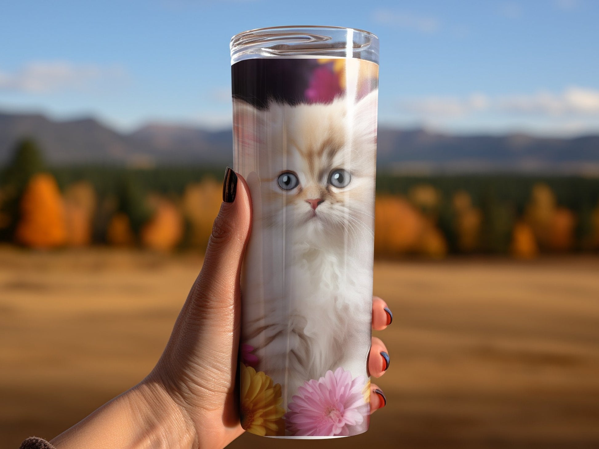 Cute Persian Kitten Daisies 20oz skinny tumbler - Premium tumbler from MyDesigns - Just $26.95! Shop now at Lees Krazy Teez