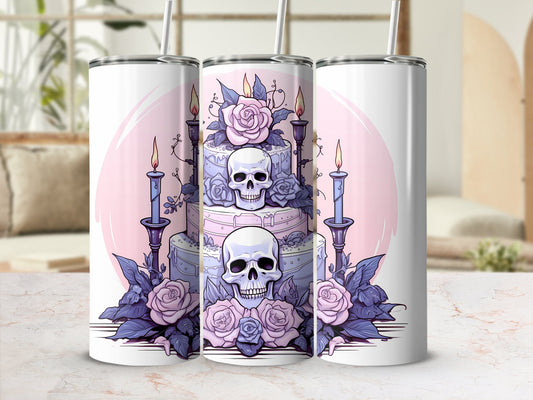 Skull cake of pink roses and candles 20oz skinny sublimation tumbler - Premium tumbler from MyDesigns - Just $29.95! Shop now at Lees Krazy Teez