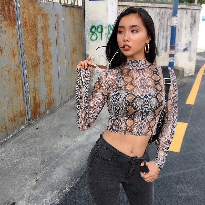 Serpent Style: Long Sleeve Snake Print Mesh Top for Women - High Neck Crop Elegance - Premium t-shirt from eprolo - Just $24.95! Shop now at Lees Krazy Teez