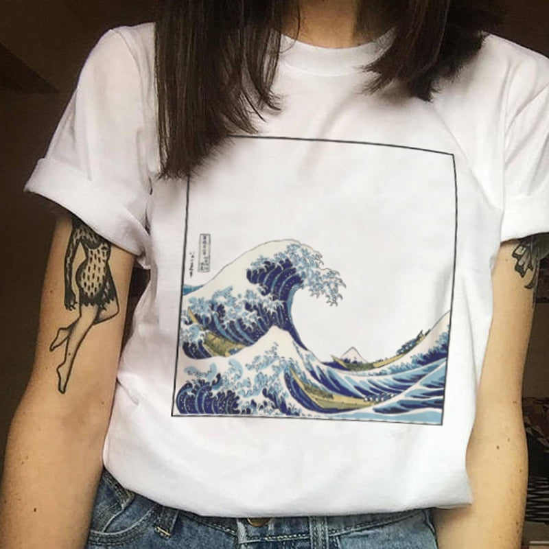 Ride the Summer Vibes: Japanese Wave Print Short-Sleeved O-Neck T-Shirt for Women's Casual Fun - Premium t-shirt from eprolo - Just $16.95! Shop now at Lees Krazy Teez