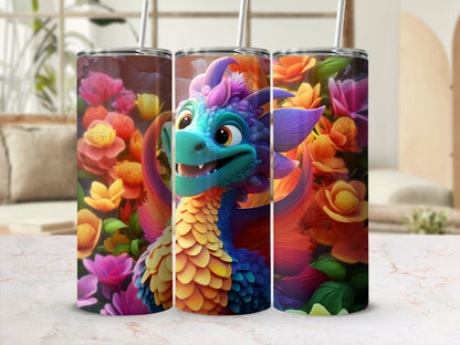 Cartoon Colorful Dragon flowers 20oz skinny tumbler - Premium tumbler from MyDesigns - Just $29.95! Shop now at Lees Krazy Teez