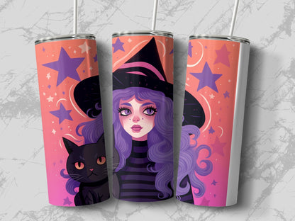 Witch with black cat under stars 20oz skinny tumbler - Premium tumbler from MyDesigns - Just $29.95! Shop now at Lees Krazy Teez