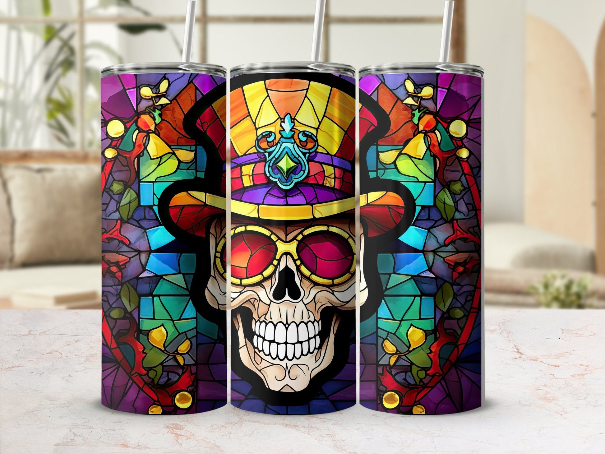 3d evil skull with glasses stained glass tumbler wrap - Premium tumbler from MyDesigns - Just $29.95! Shop now at Lees Krazy Teez