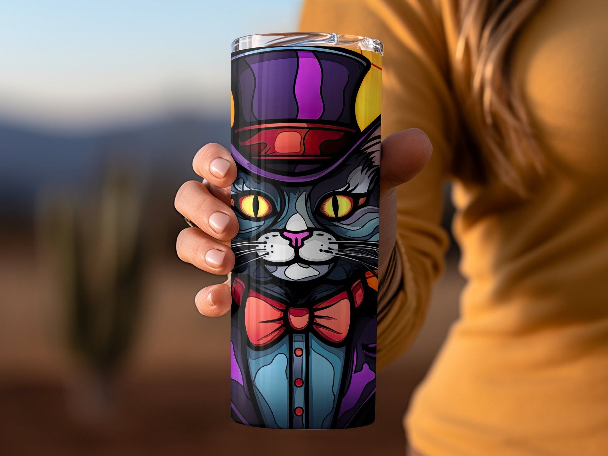 Stained glass cat in hat and suit 20oz skinny tumbler - Premium tumbler from MyDesigns - Just $29.95! Shop now at Lees Krazy Teez