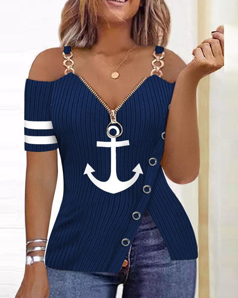 Summer Anchor Graphic Printed Zipper T-shirt - Premium t-shirt from eprolo - Just $24.95! Shop now at Lees Krazy Teez