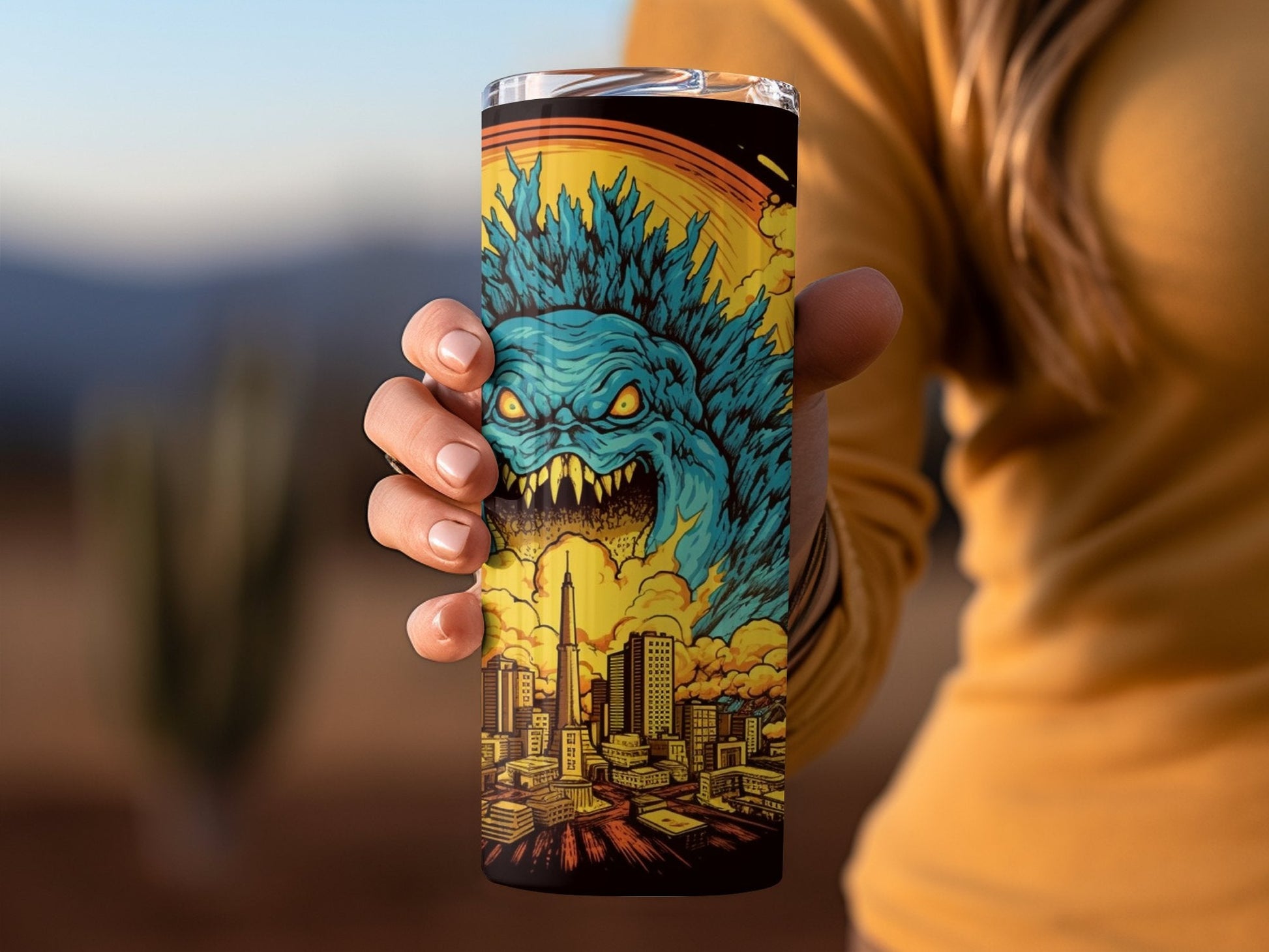 3d monster blowing city to pieces art 20oz Skinny tumbler - Premium tumbler from MyDesigns - Just $29.95! Shop now at Lees Krazy Teez