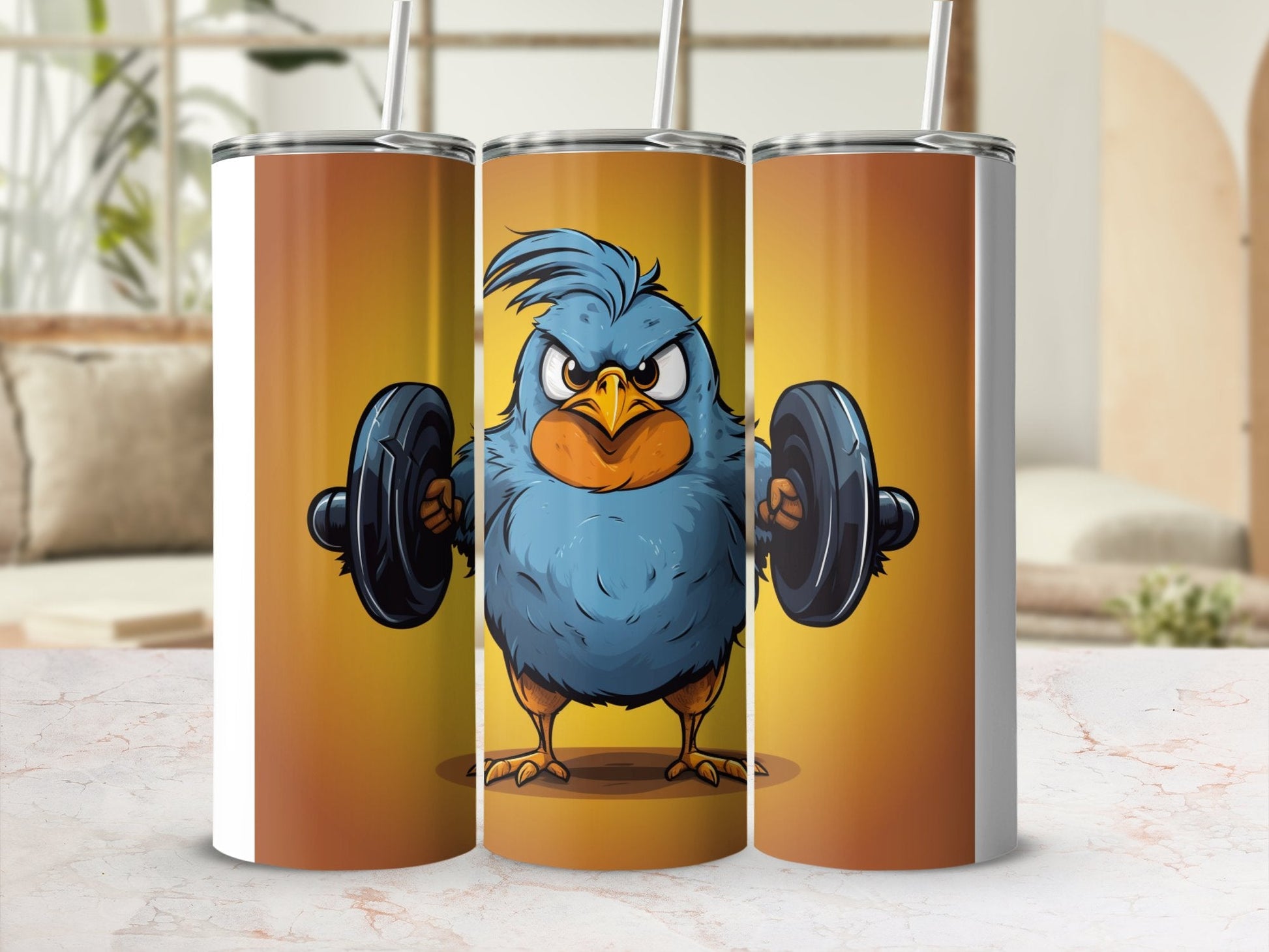 Buff blue bird lifting weights 20oz Skinny tumbler - Premium tumbler from MyDesigns - Just $26.95! Shop now at Lees Krazy Teez