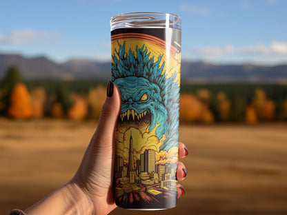 3d monster blowing city to pieces art 20oz Skinny tumbler - Premium tumbler from MyDesigns - Just $29.95! Shop now at Lees Krazy Teez