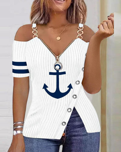 Summer Anchor Graphic Printed Zipper T-shirt - Premium t-shirt from eprolo - Just $24.95! Shop now at Lees Krazy Teez