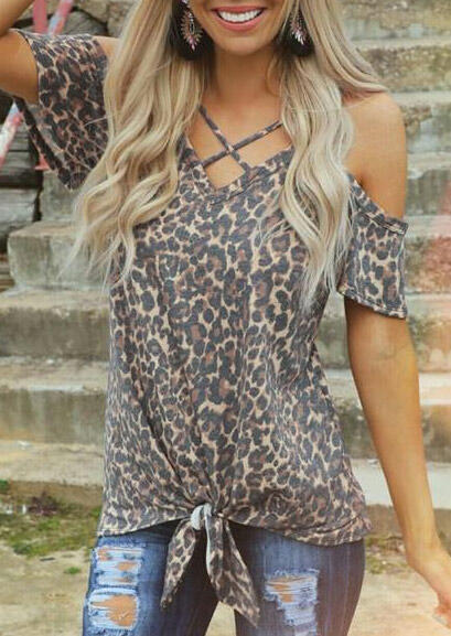 Leopard Print Cold Shoulder Women's T-Shirt: Stylish Summer V-Neck Top - Premium t-shirt from eprolo - Just $21.95! Shop now at Lees Krazy Teez