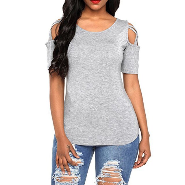 Women's Relaxed Fit Strappy Cold Shoulder Basic T-Shirts - Premium t-shirt from eprolo - Just $24.95! Shop now at Lees Krazy Teez