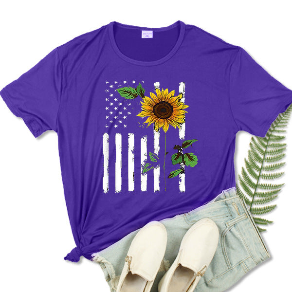 Sunflower Glory Women's Summer Independence Day Crew Neck Short Sleeve T-Shirt - Premium t-shirt from eprolo - Just $16.95! Shop now at Lees Krazy Teez