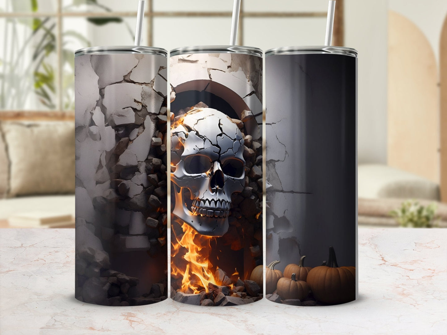 Cracked wall skull on fire horror 20oz tumbler - Premium tumbler from MyDesigns - Just $26.95! Shop now at Lees Krazy Teez