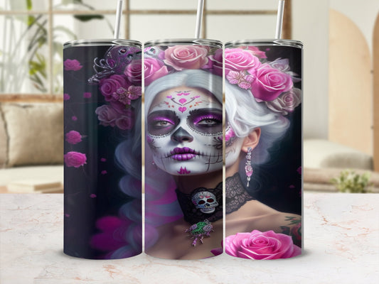 3d skull witch with pink roses 20oz skinny tumbler - Premium tumbler from MyDesigns - Just $29.95! Shop now at Lees Krazy Teez