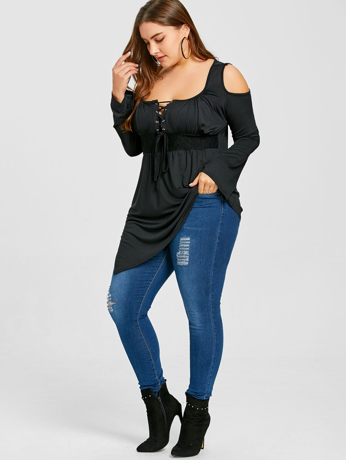 Asymmetrical Elegance: Plus Size Cold Shoulder T-shirt with Lace-Up Detail - Premium t-shirt from eprolo - Just $24.95! Shop now at Lees Krazy Teez