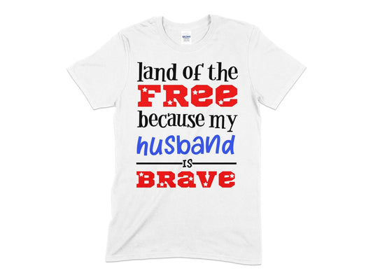 Land of the free because my husband is brave womens t-shirt - Premium t-shirt from MyDesigns - Just $18.95! Shop now at Lees Krazy Teez