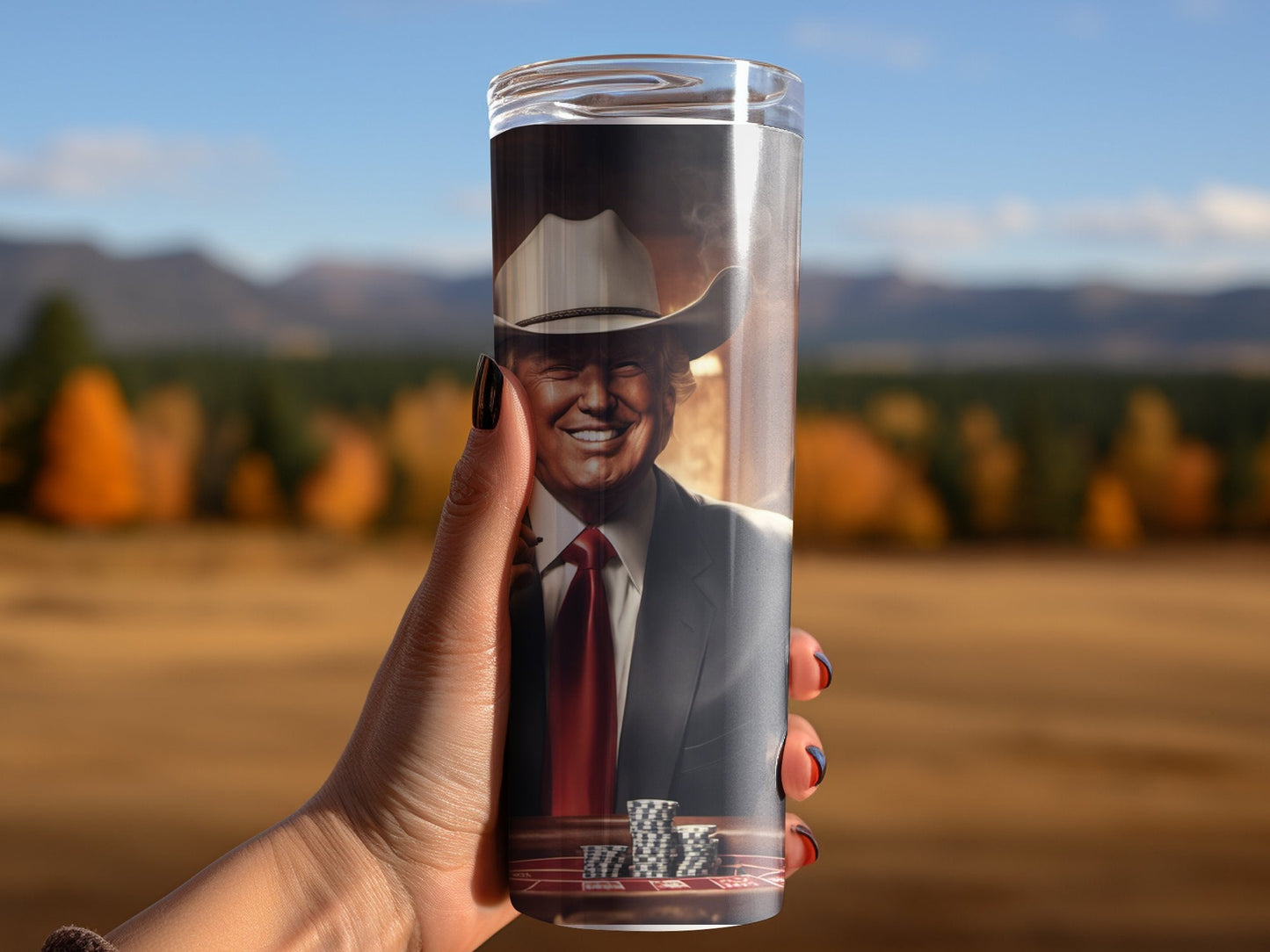 Donald Trump dressed as cowboy 20oz skinny tumbler - Premium tumbler from MyDesigns - Just $29.95! Shop now at Lees Krazy Teez