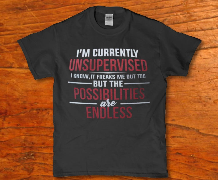 I'm currently unsupervised but the possiblities are endless t-shirt - Premium t-shirt from MyDesigns - Just $19.95! Shop now at Lees Krazy Teez