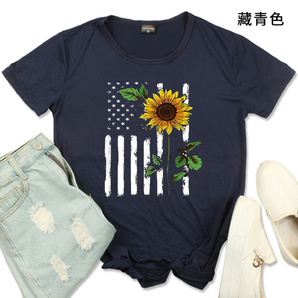 Sunflower Glory Women's Summer Independence Day Crew Neck Short Sleeve T-Shirt - Premium t-shirt from eprolo - Just $16.95! Shop now at Lees Krazy Teez