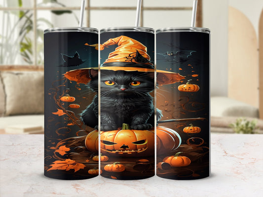 3d Black cat in yellow witch hat standing on pumpkin tumbler - Premium tumbler from MyDesigns - Just $29.95! Shop now at Lees Krazy Teez