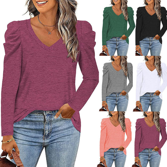 Graceful Elegance: Women's Pleated V-Neck Long Sleeve T-Shirt - Premium t-shirt from eprolo - Just $24.95! Shop now at Lees Krazy Teez