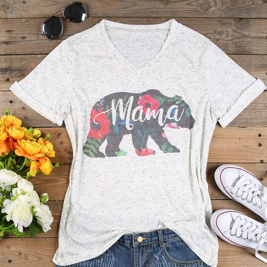 Floral Mama Bear Charm: Summer V-Neck Plus Size Women's T-Shirt - Premium t-shirt from eprolo - Just $21.95! Shop now at Lees Krazy Teez