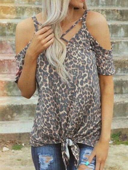 Leopard Print Cold Shoulder Women's T-Shirt: Stylish Summer V-Neck Top - Premium t-shirt from eprolo - Just $21.95! Shop now at Lees Krazy Teez