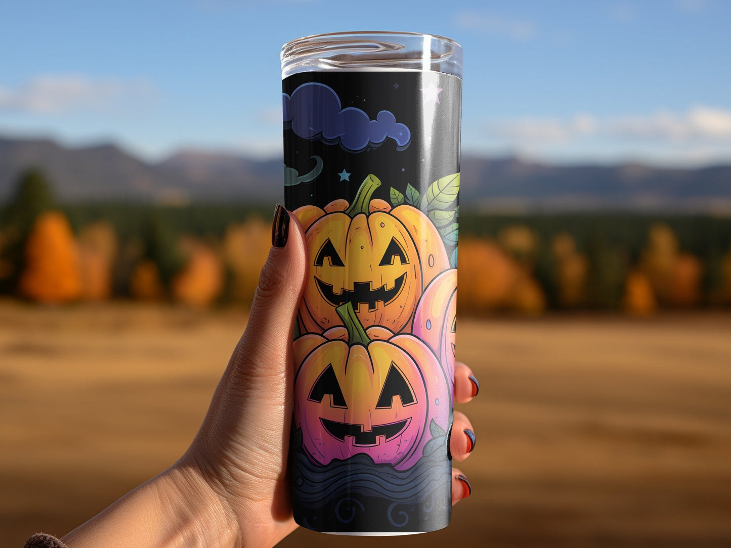 colorful pumpkin patch at night 20oz skinny tumbler - Premium tumbler from MyDesigns - Just $26.95! Shop now at Lees Krazy Teez