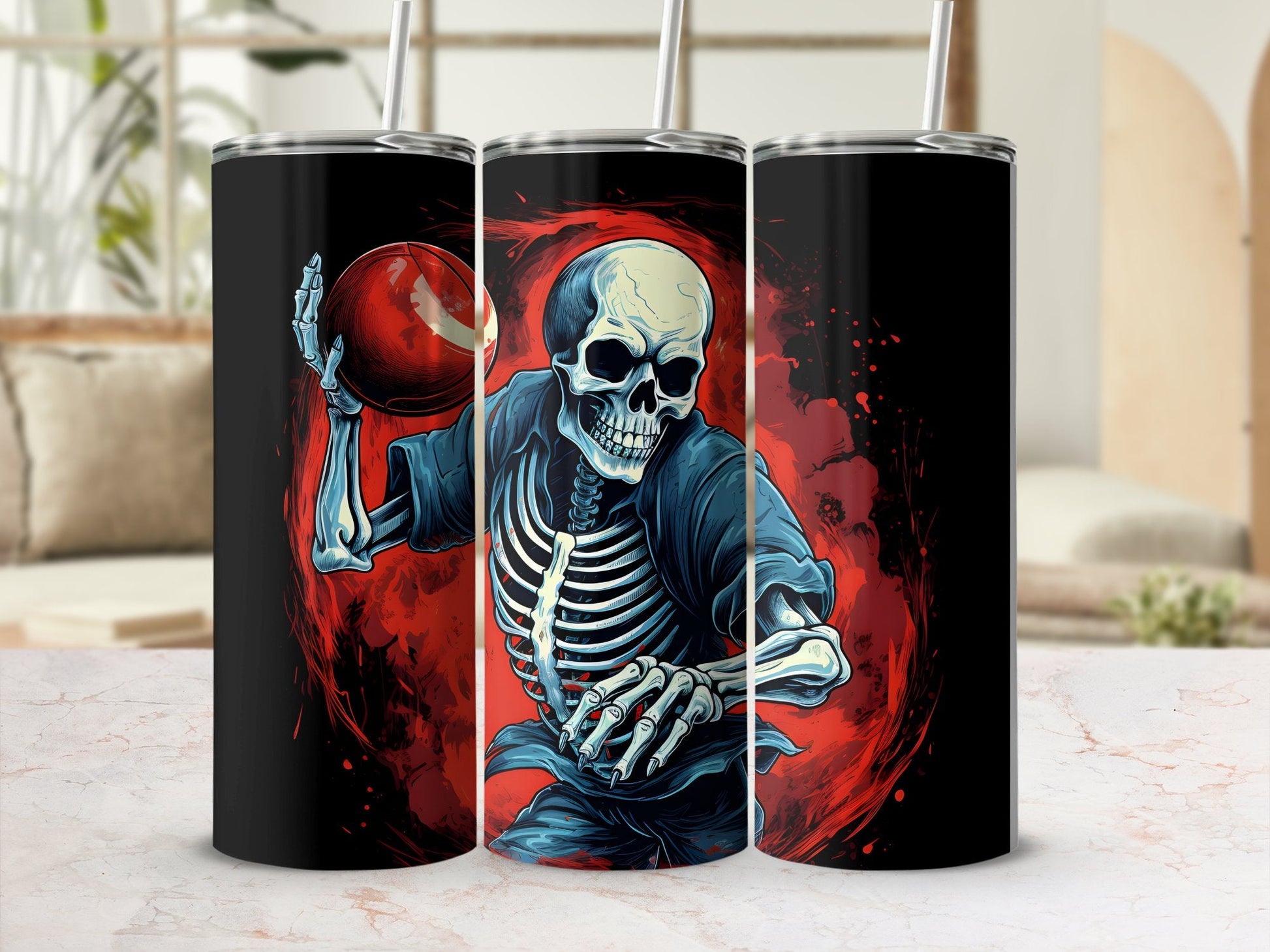 skeleton throwing football 20oz skinny tumbler - Premium tumbler from MyDesigns - Just $29.95! Shop now at Lees Krazy Teez