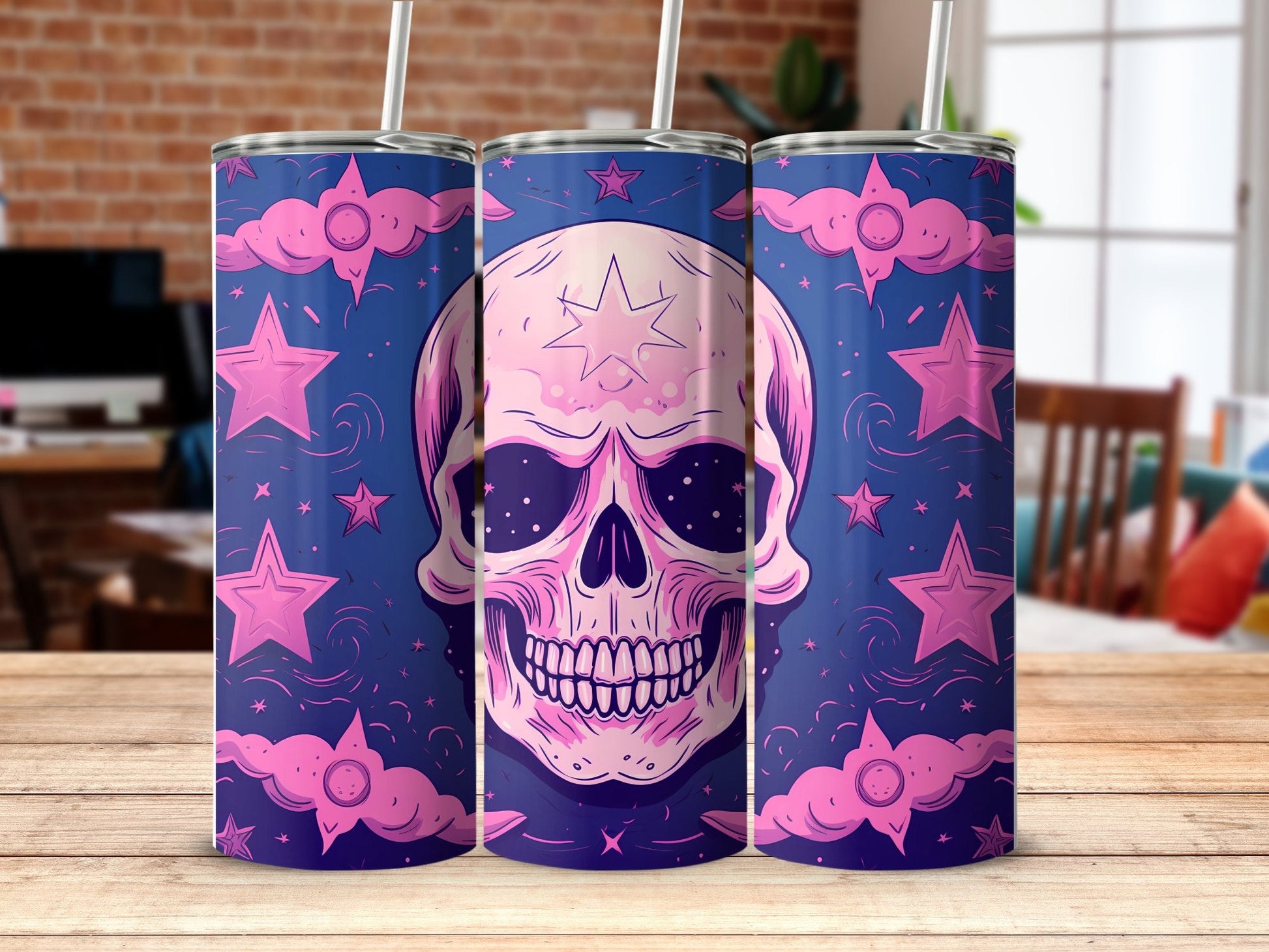Pink skull under the stars - 20oz skinny sublimation tumbler - Premium tumbler from MyDesigns - Just $29.95! Shop now at Lees Krazy Teez