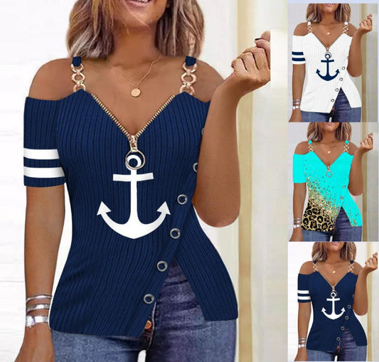 Summer Anchor Graphic Printed Zipper T-shirt - Premium t-shirt from eprolo - Just $24.95! Shop now at Lees Krazy Teez