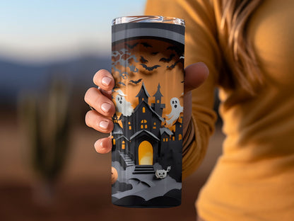 Spooky scary ghost and pumpkins castle tumbler - Premium tumbler from MyDesigns - Just $29.95! Shop now at Lees Krazy Teez