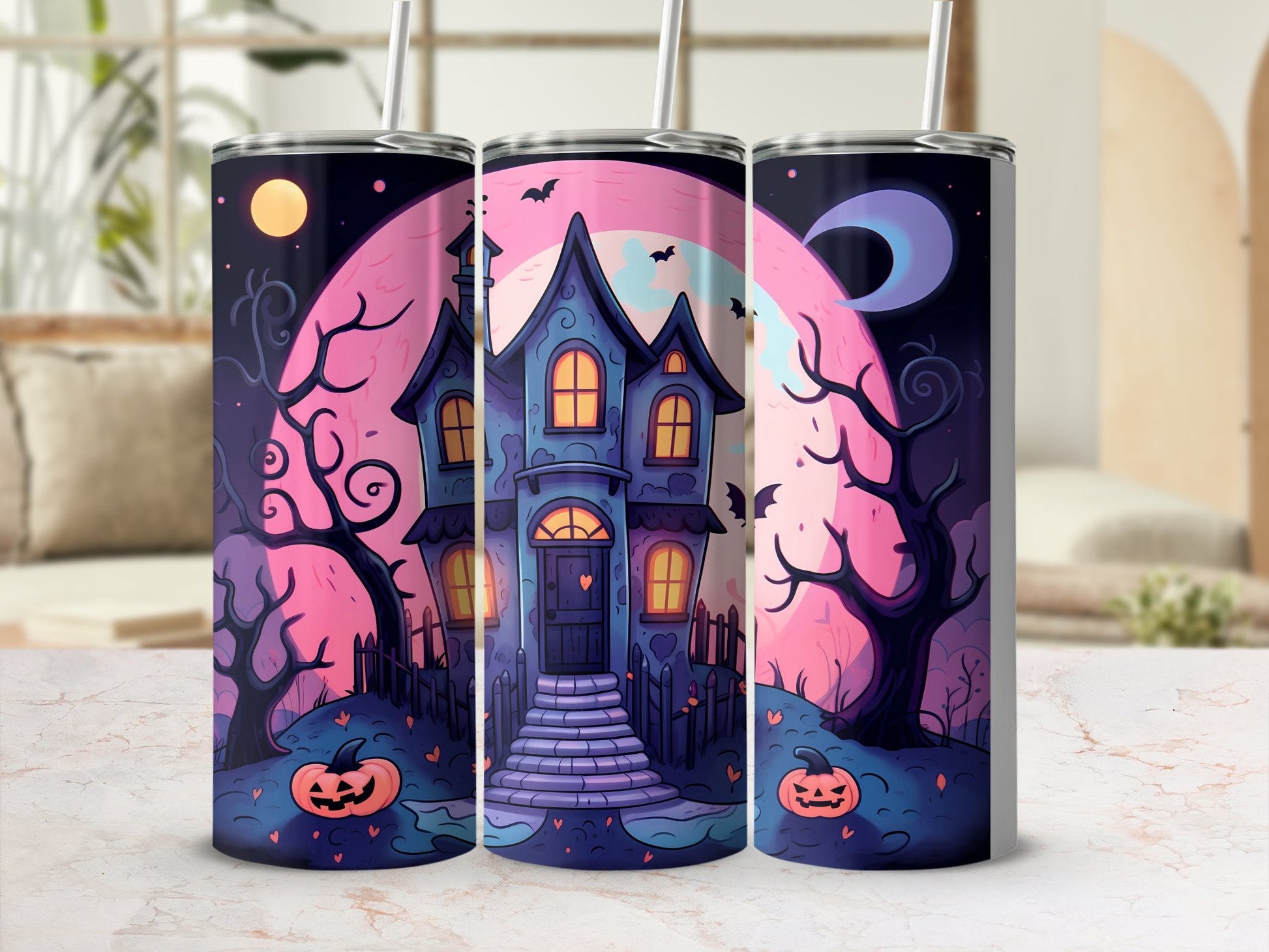 Halloween pumpkin haunted manor 20oz skinny tumbler - Premium tumbler from MyDesigns - Just $26.95! Shop now at Lees Krazy Teez