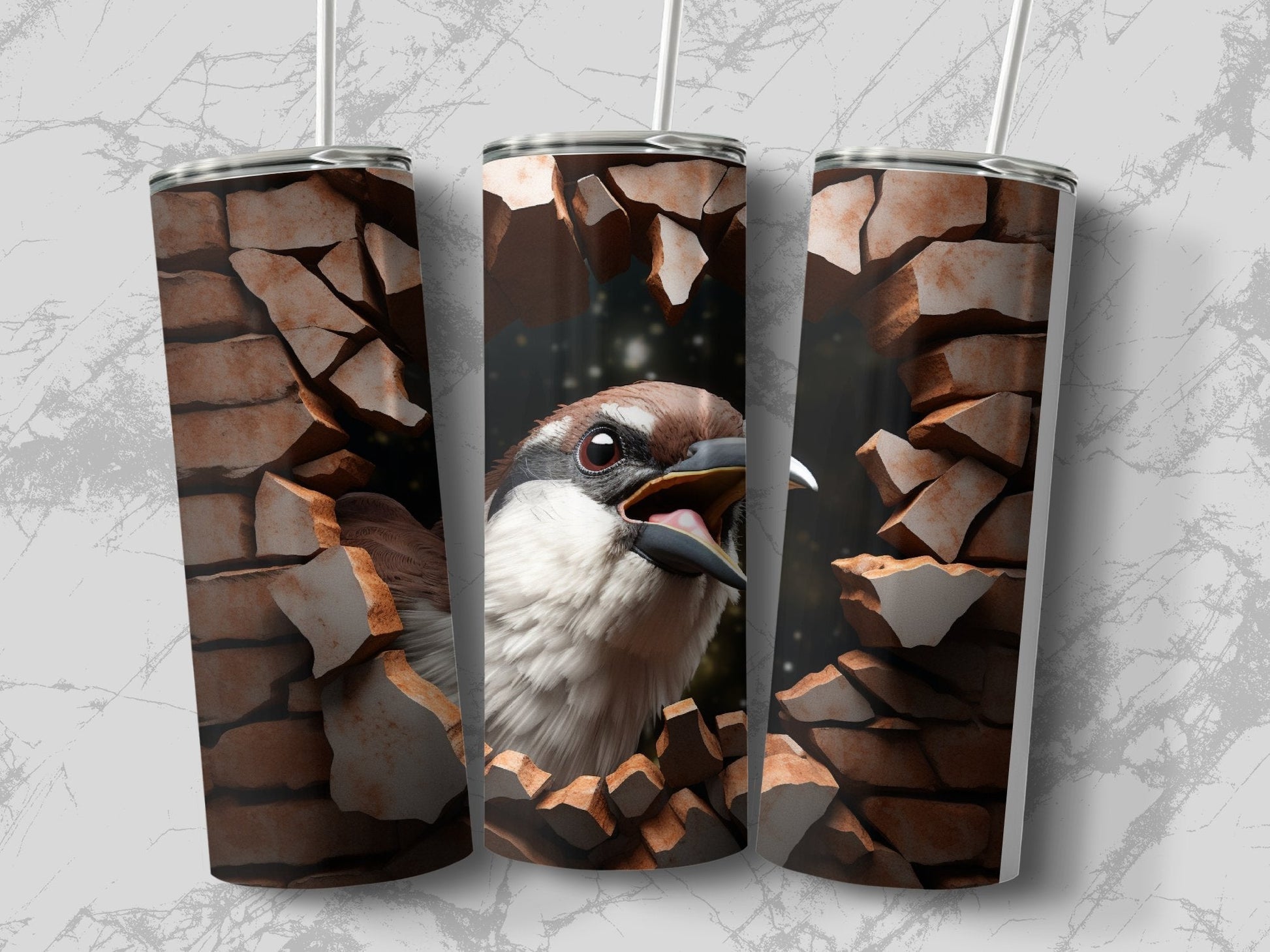 Sparrow 3D Cracked Hole 20 Oz skinny sublimation tumbler - Premium tumbler from MyDesigns - Just $29.95! Shop now at Lees Krazy Teez