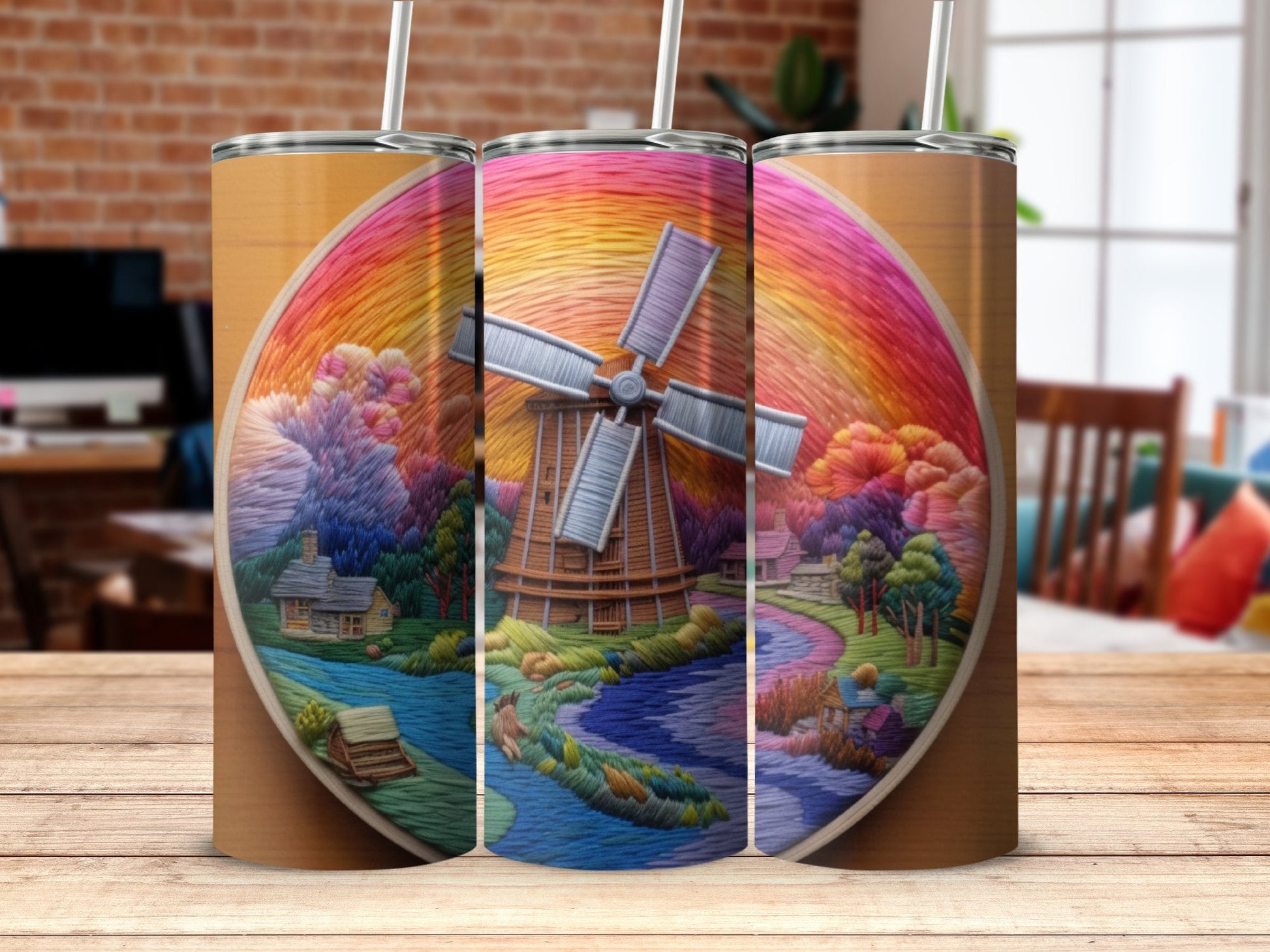 3D Windmill Sunset Embroidered 20oz skinny tumbler - Premium tumbler from MyDesigns - Just $29.95! Shop now at Lees Krazy Teez