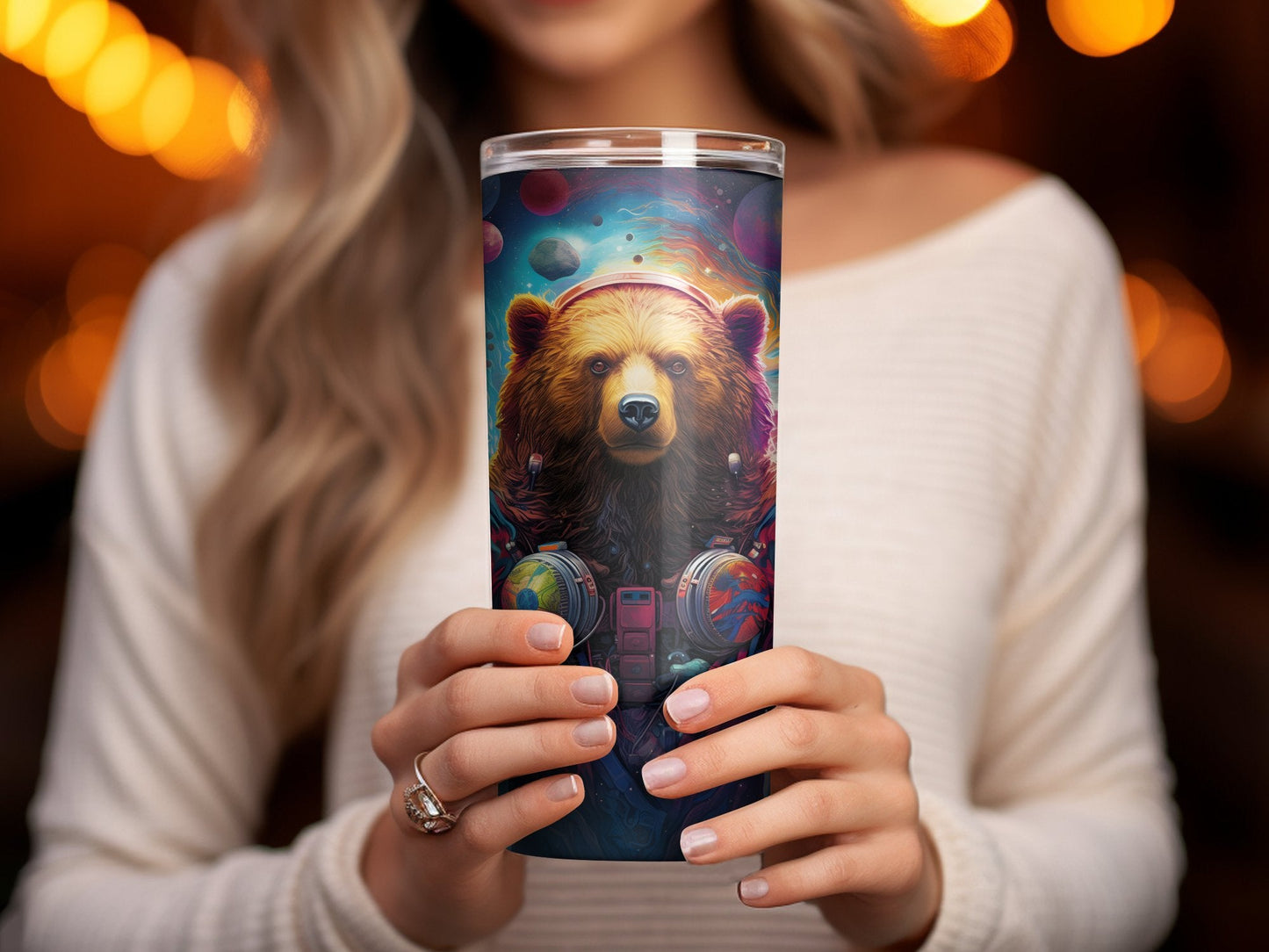 3d Bear Space and stars unique art Tumbler - Premium tumbler from MyDesigns - Just $29.95! Shop now at Lees Krazy Teez