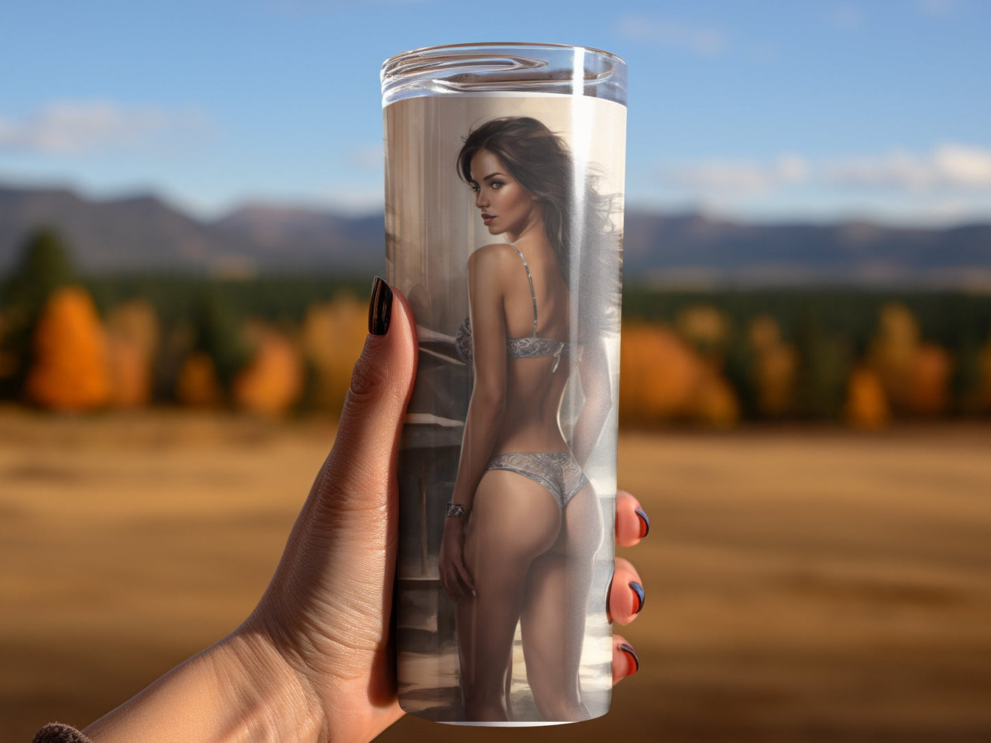 Beautiful Woman at the beach in thong 20oz skinny tumbler - Premium tumbler from MyDesigns - Just $29.95! Shop now at Lees Krazy Teez