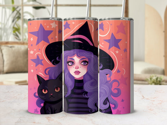Witch with black cat under stars 20oz skinny tumbler - Premium tumbler from MyDesigns - Just $29.95! Shop now at Lees Krazy Teez