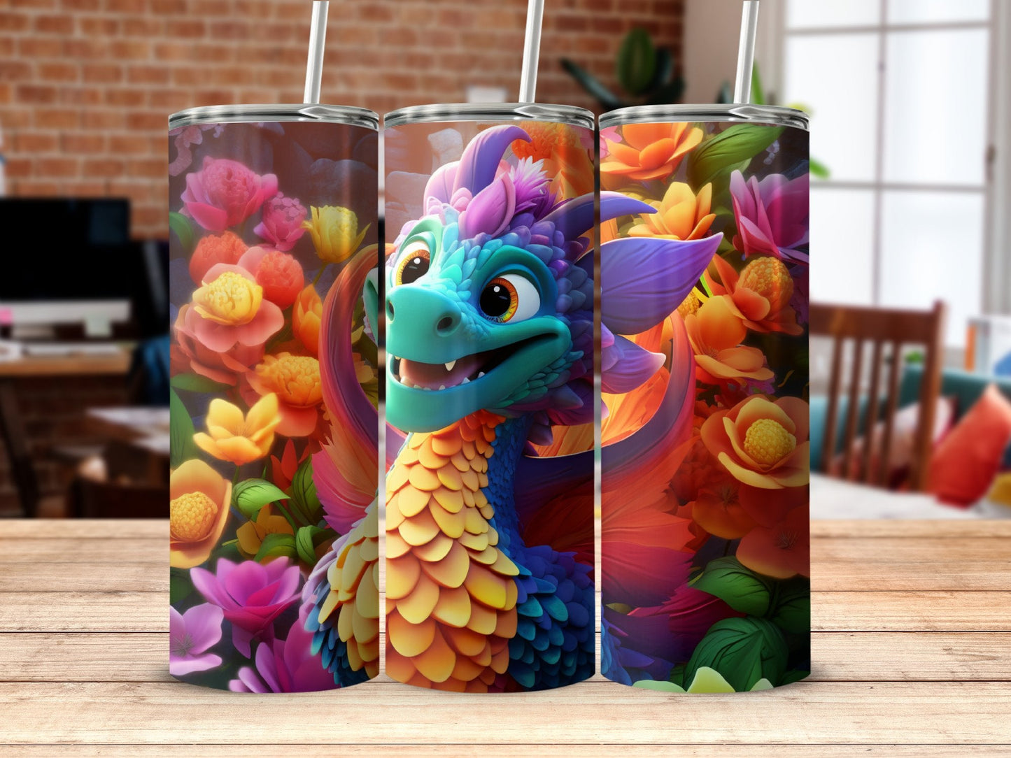 Cartoon Colorful Dragon flowers 20oz skinny tumbler - Premium tumbler from MyDesigns - Just $29.95! Shop now at Lees Krazy Teez