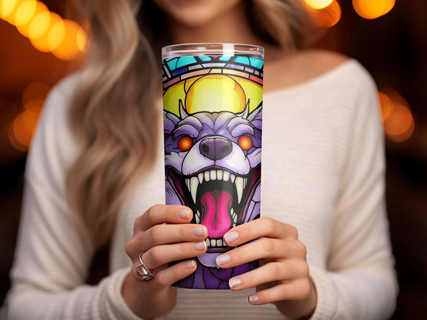3d evil wolf horror stained glass 20oz skinny tumbler - Premium tumbler from MyDesigns - Just $29.95! Shop now at Lees Krazy Teez