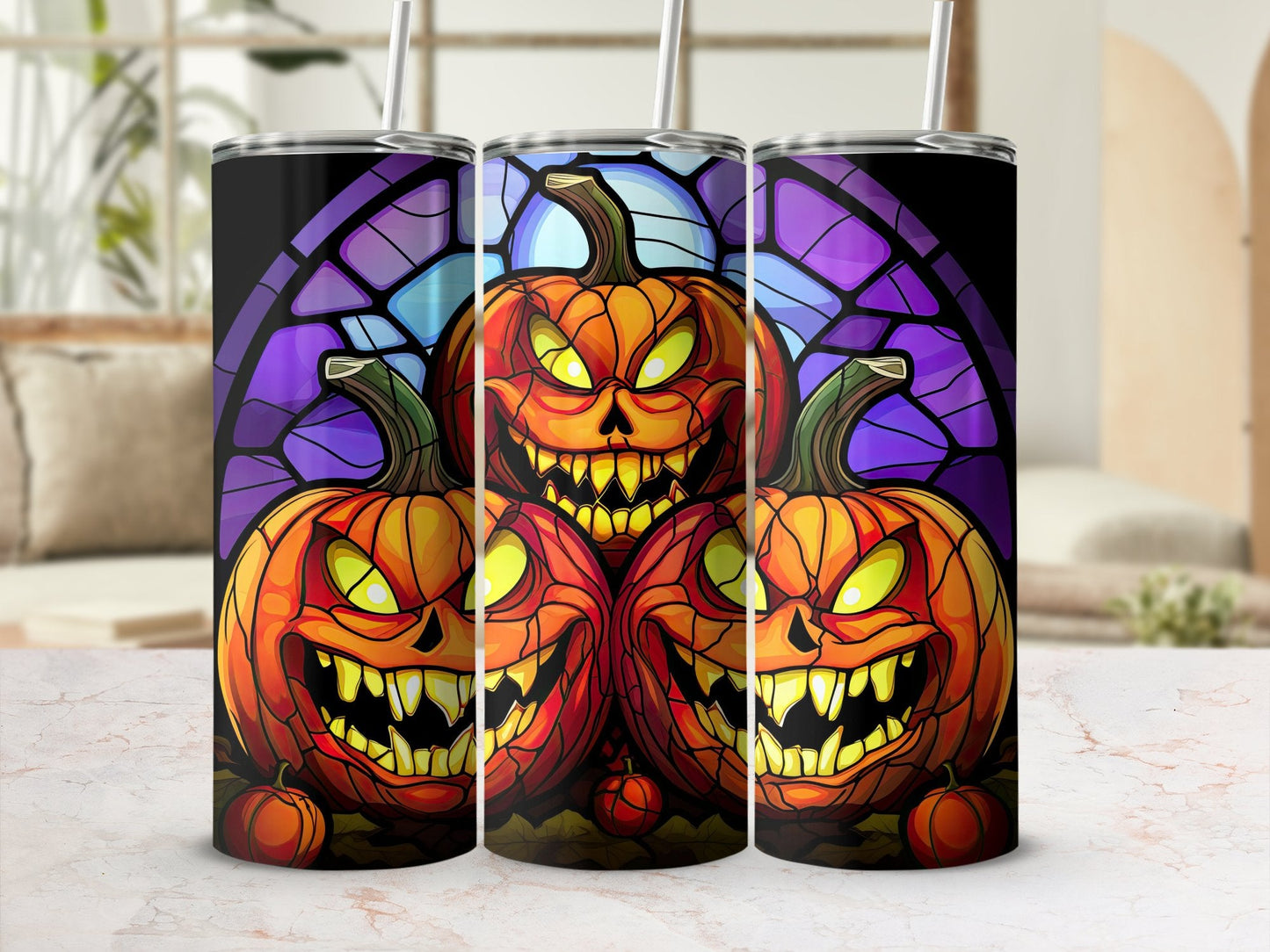 Evil Scary Pumpkins smiling 3d Tumbler wrap - Premium tumbler from MyDesigns - Just $26.95! Shop now at Lees Krazy Teez