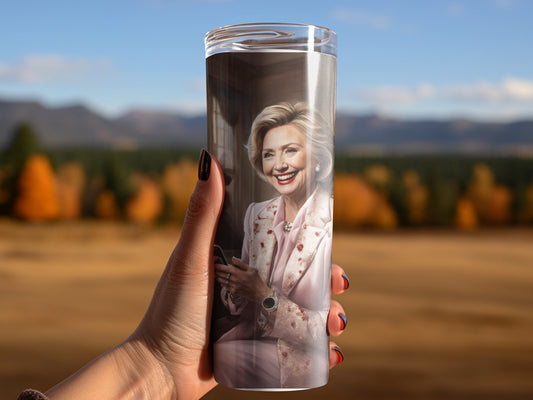 Hilary Clinton at a cafe on phone 20oz skinny tumbler - Premium tumbler from MyDesigns - Just $29.95! Shop now at Lees Krazy Teez