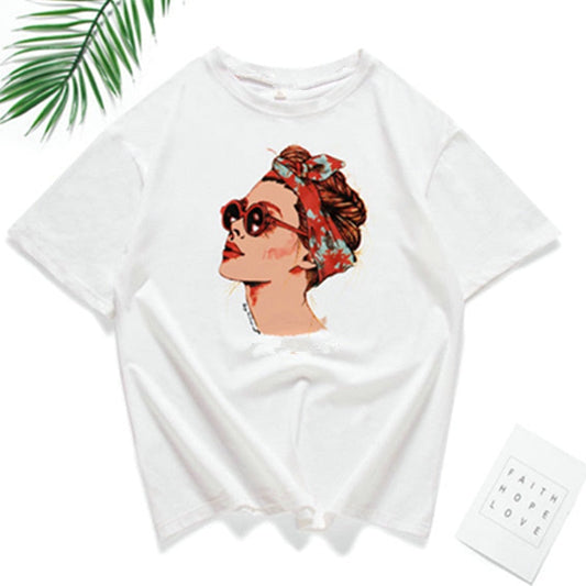 Elegance of Summer: Women's O-neck Short Sleeve T-Shirt with Vogue Girl Print - A White Tee of Casual Fashion - Premium t-shirt from eprolo - Just $17.95! Shop now at Lees Krazy Teez