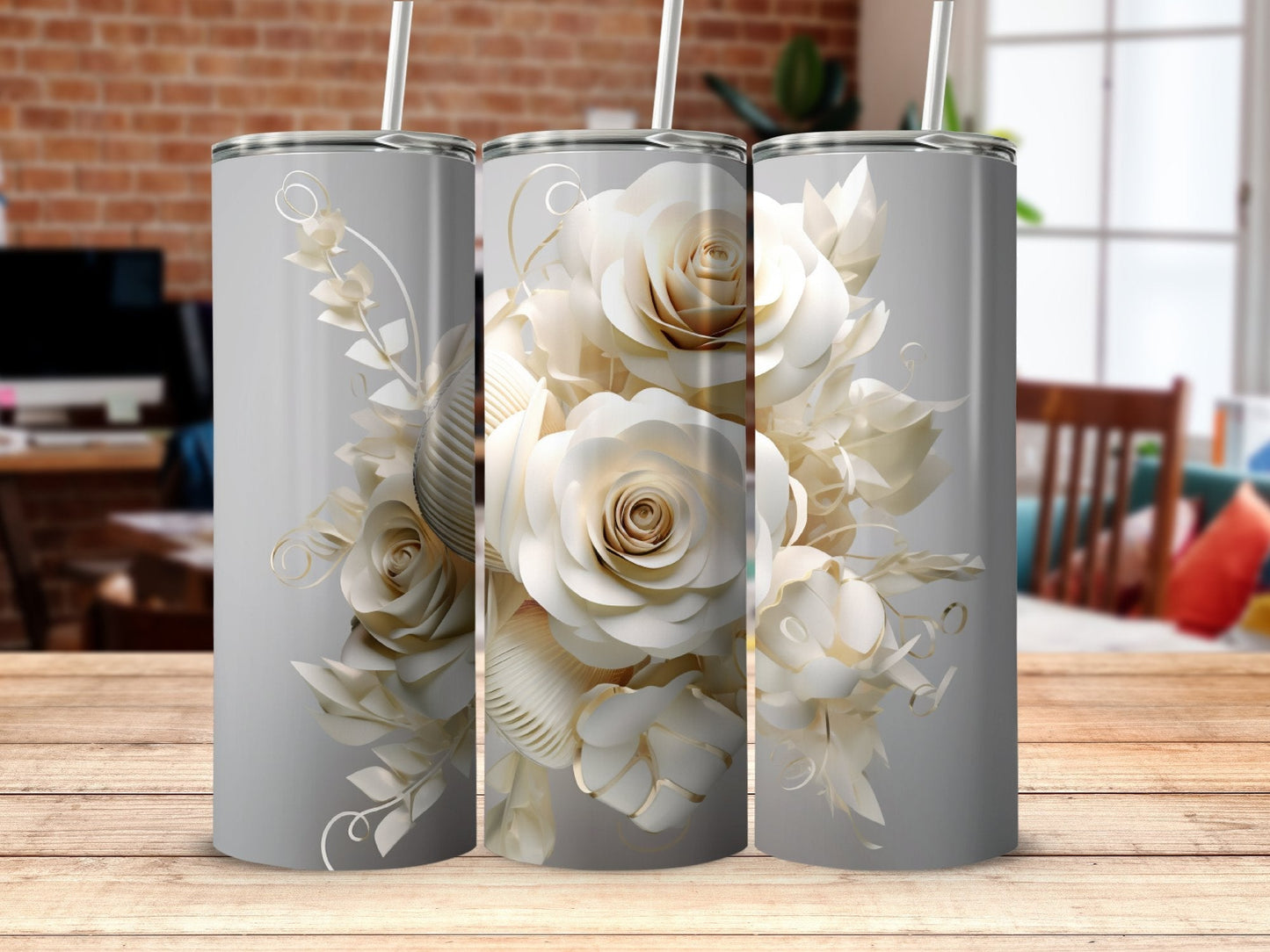 3D White Roses 20 Oz tumbler 20oz skinny tumbler - Premium tumbler from MyDesigns - Just $29.95! Shop now at Lees Krazy Teez