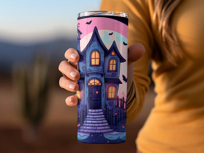 Halloween pumpkin haunted manor 20oz skinny tumbler - Premium tumbler from MyDesigns - Just $26.95! Shop now at Lees Krazy Teez