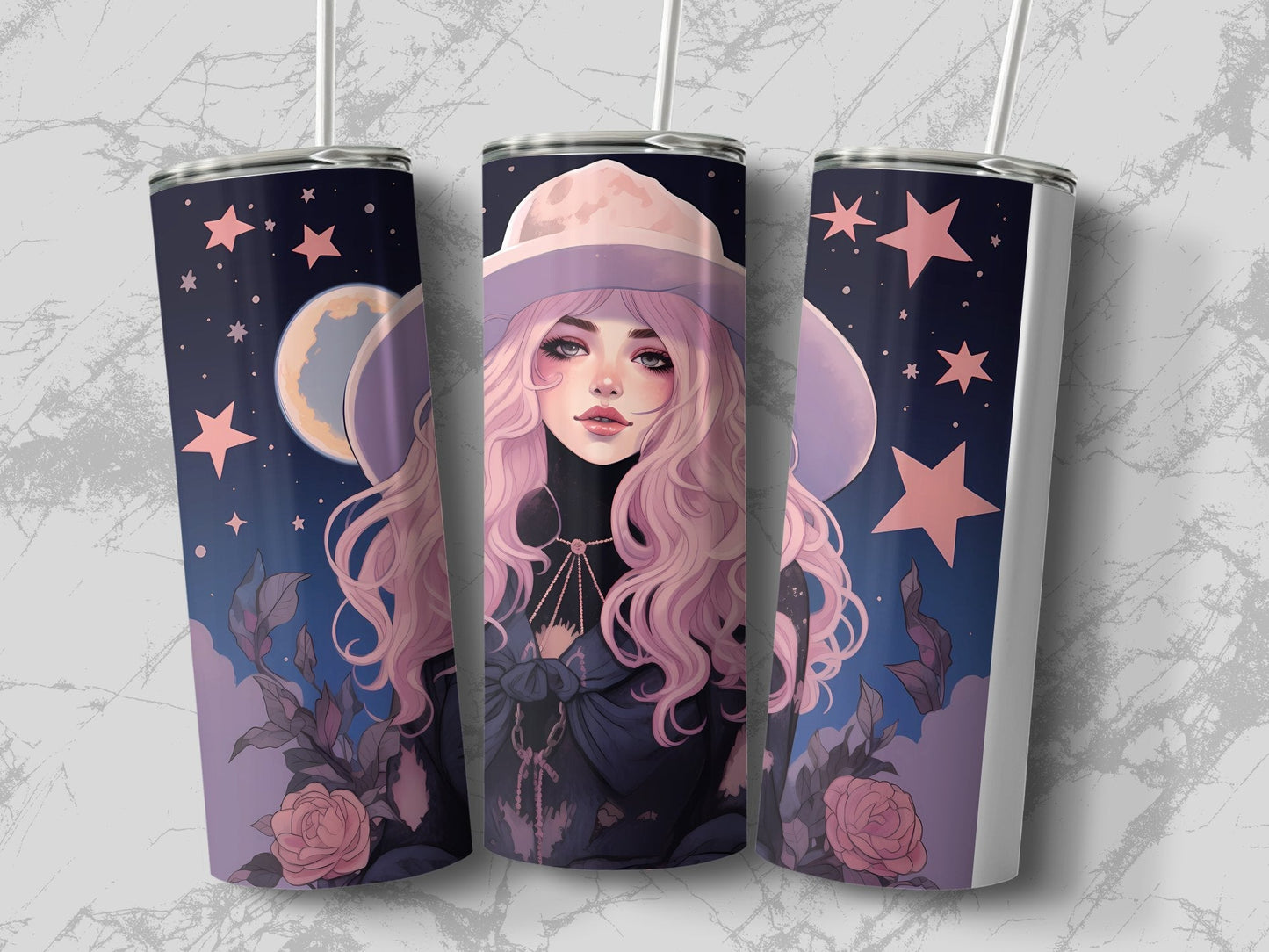 Witch with pink hair under the stars - 20oz skinny sublimation tumbler - Premium tumbler from MyDesigns - Just $29.95! Shop now at Lees Krazy Teez