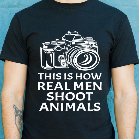 This is how real men shoot animals Men's funny vegan t-shirt - Premium t-shirt from MyDesigns - Just $21.95! Shop now at Lees Krazy Teez