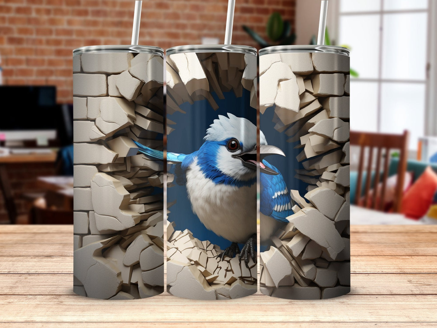 Blue Jay 3D Cracked Hole 20 Oz 20oz skinny tumbler - Premium tumbler from MyDesigns - Just $29.95! Shop now at Lees Krazy Teez