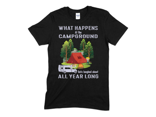What happens at the campground all year long hiking t-shirt - Premium t-shirt from MyDesigns - Just $19.95! Shop now at Lees Krazy Teez