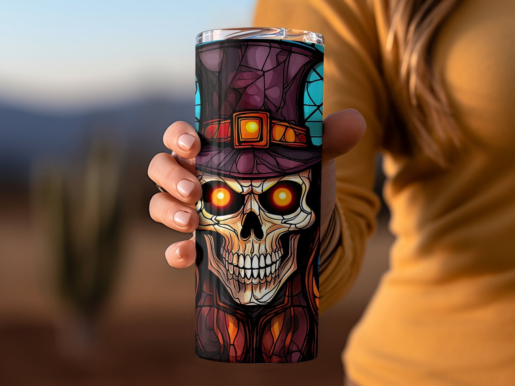 3d skull in hat hororr stained glass 20oz skinny tumbler - Premium tumbler from MyDesigns - Just $29.95! Shop now at Lees Krazy Teez